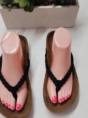 Black Braided Thong Sandals for Women - Pink Footbed Accent